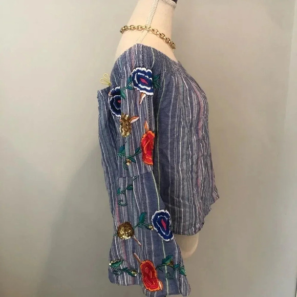 Flont embroidered strapless bell sleeve mod blue top M - Picture 5 of 15